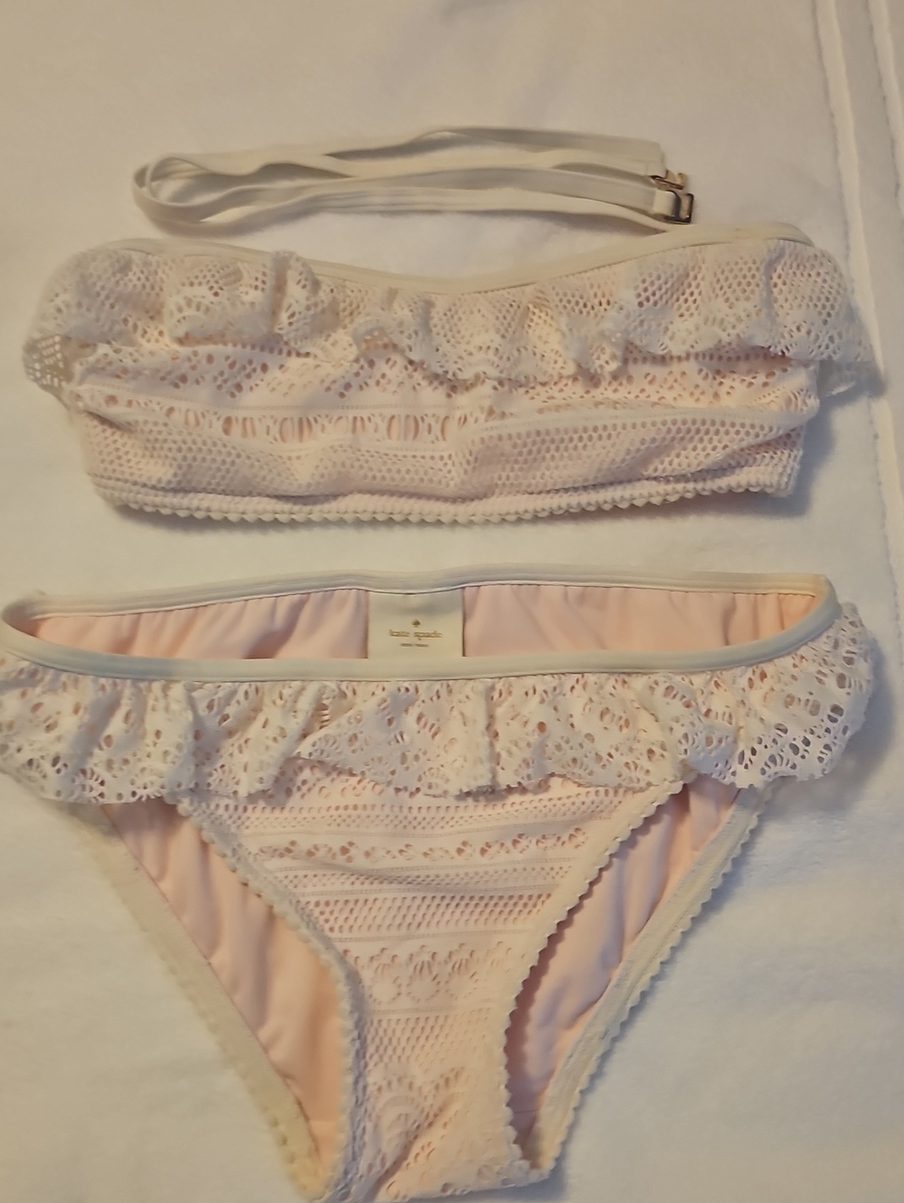 Kate Spade Pale Pink And Ivory Lace Ruffle Bandeau Bikini Set